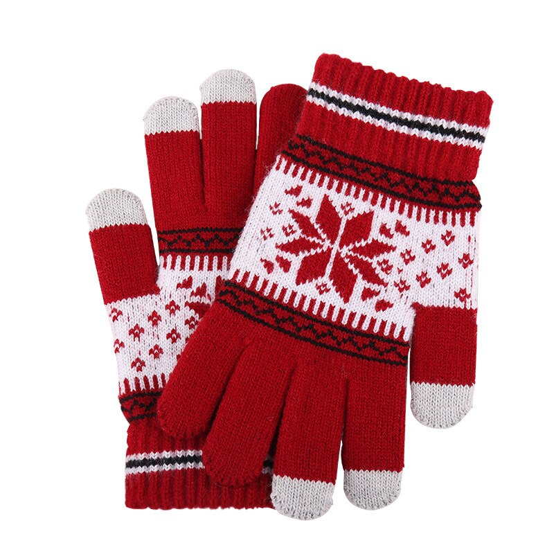Julekashmir uldstrikkede handsker vinterhandsker til mand og kvinder plus tykke strikkede håndled med fem fingre: Rød