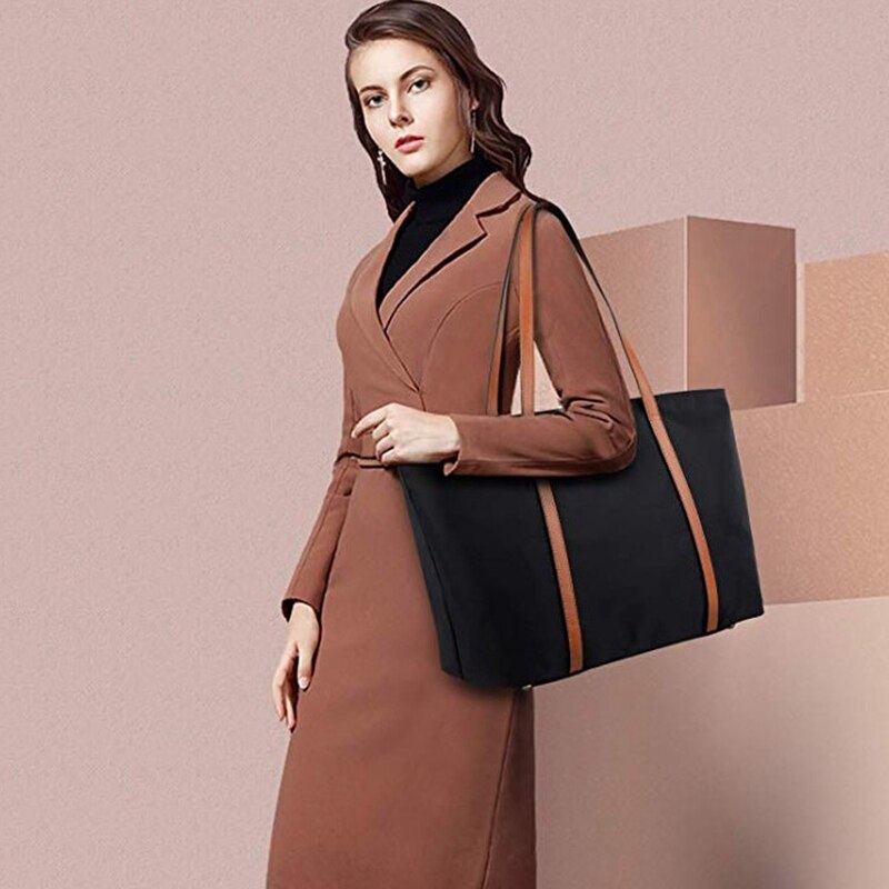 Tote for kvinner skinn nylon skulderveske dame oxford stor kapasitet work fit 15.6 tommer