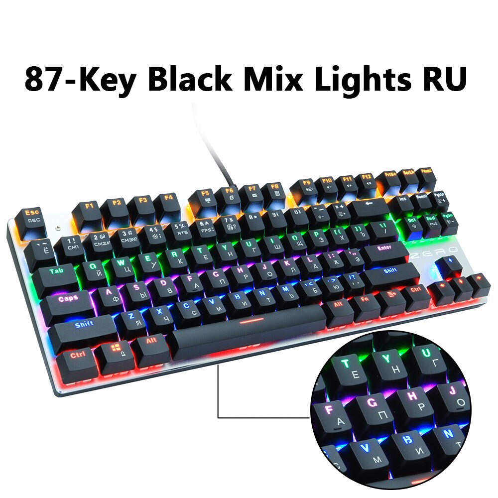 Wired Gaming Mechanical Keyboard Blue Red Switch 87/104keys Anti-ghosting Russian/US LED Backlit LED For Gamer Laptop Computer: 87black MIX light RU / Red switch