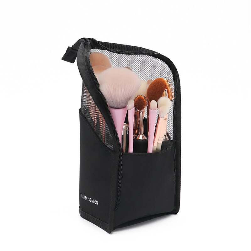 Purdored kosmetiktaske med 1 pc stativer til kvinder gennemsigtig lynlås makeuptaske rejse kvindelige makeup børsteholder organizer toilettaske: Sort