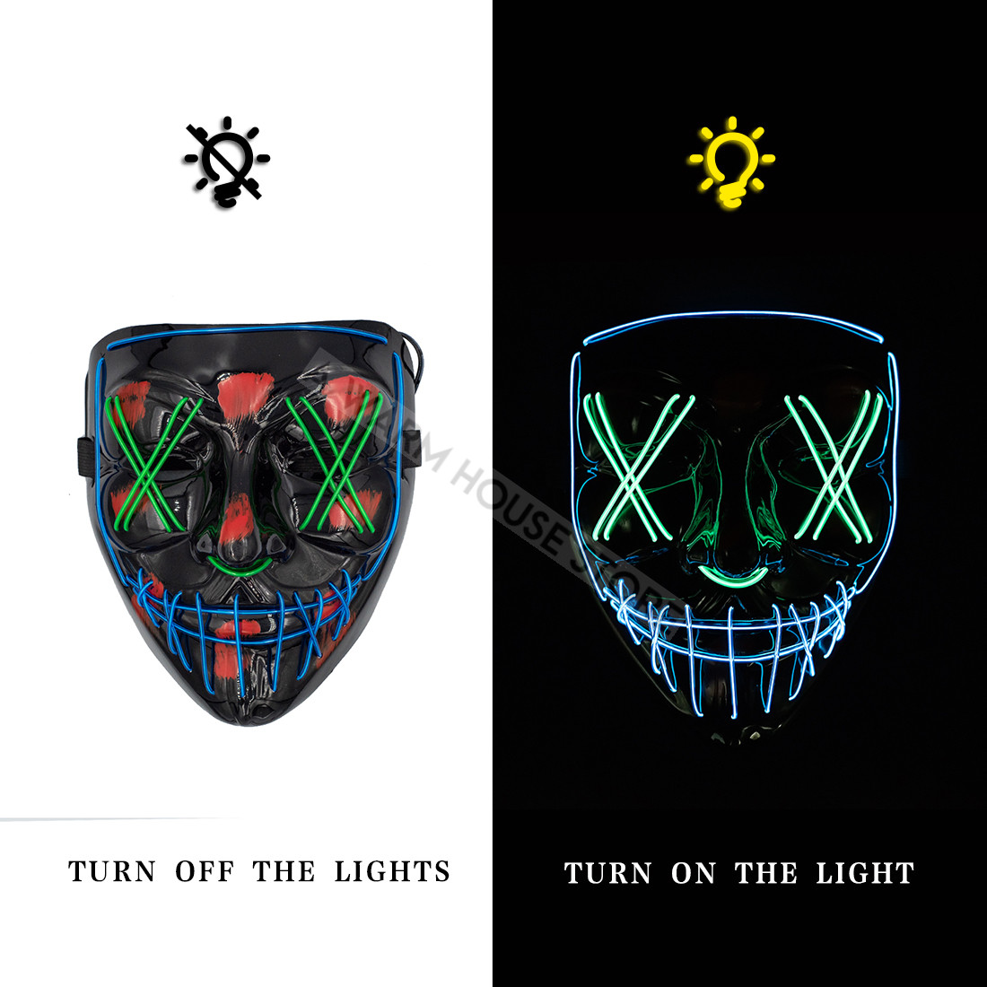 Led Mask Halloween Party Masque Masquerade Masks Neon Maske Light Glow In The Dark Mascara Horror Maska Glowing Masker Purge: blue and green