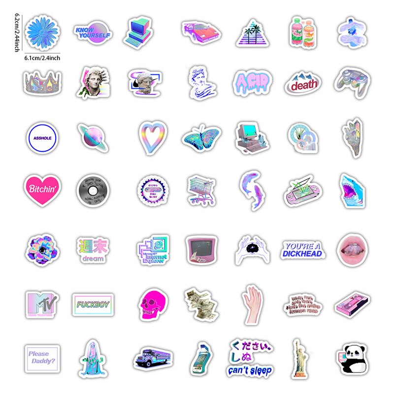 50pcs Vaporwave Art Style Sticker For Laptop Skateboard Luggage Refrigerator Notebook Decals Helmet Cartoon Computer Stickers