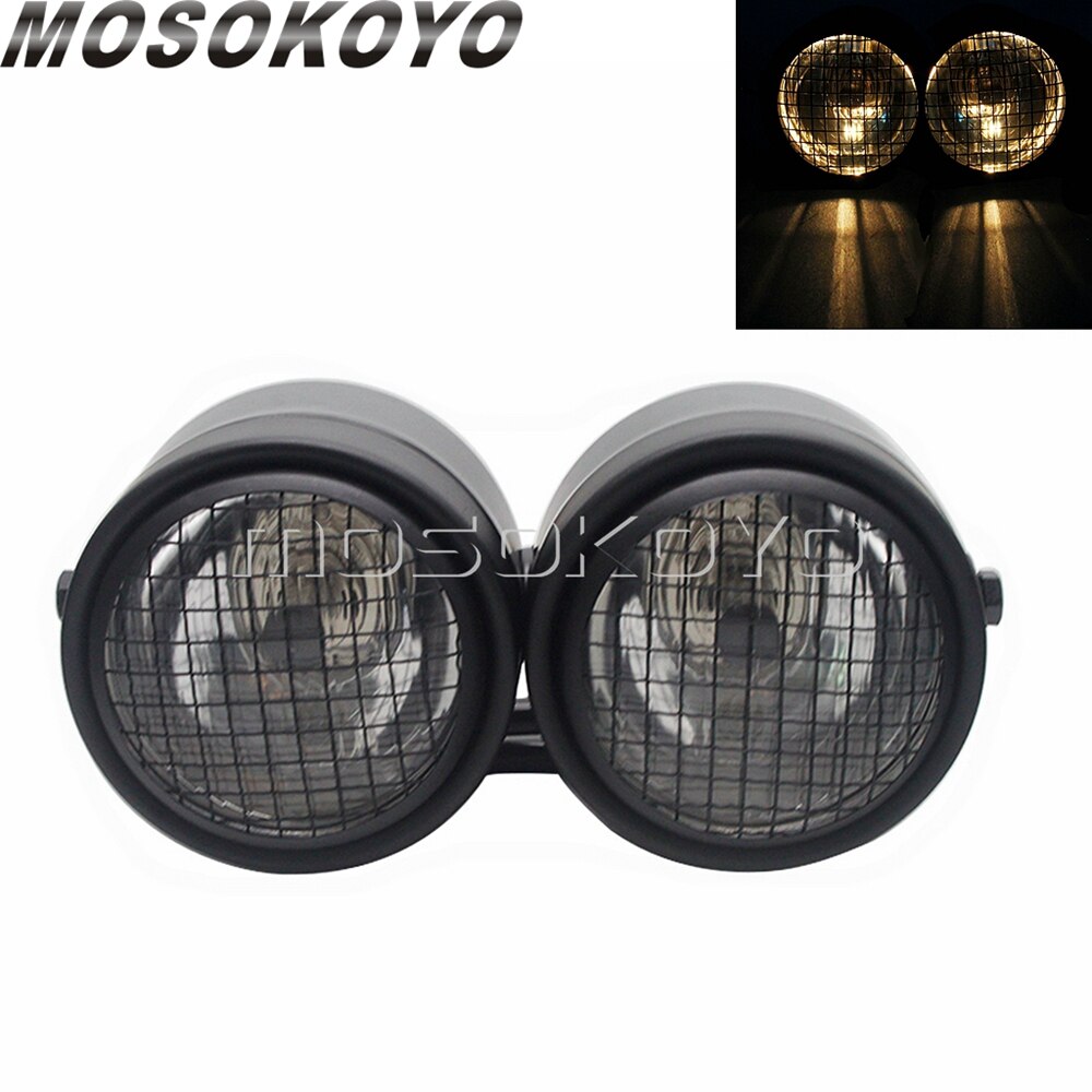 Black Twin Dominator Headlight – Dual Lamp With Mount Bracket, Street Motorcycle