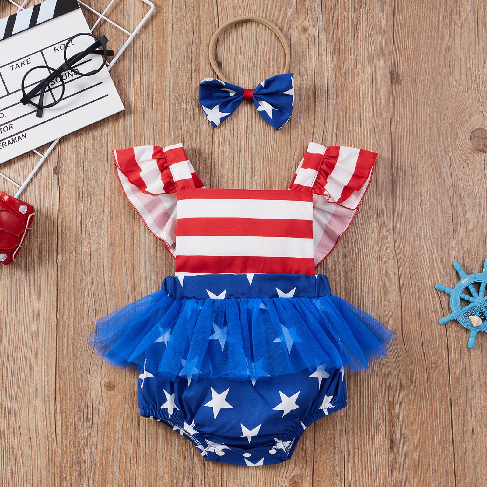Vêtements pour bébés garçons et filles, barboteuse en dentelle à rayures avec manches volantes et bandeaux, ensemble vêtements pour -nés