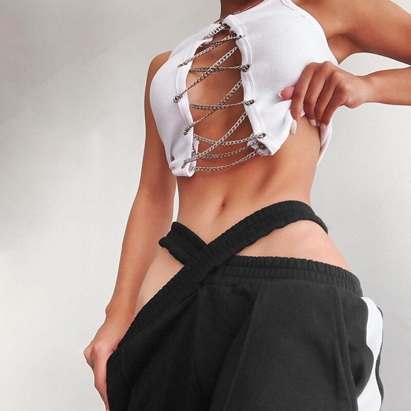 Top ajustado con cadena de Metal para mujer, Top de encaje, ropa de calle, camisetas sin mangas acanaladas