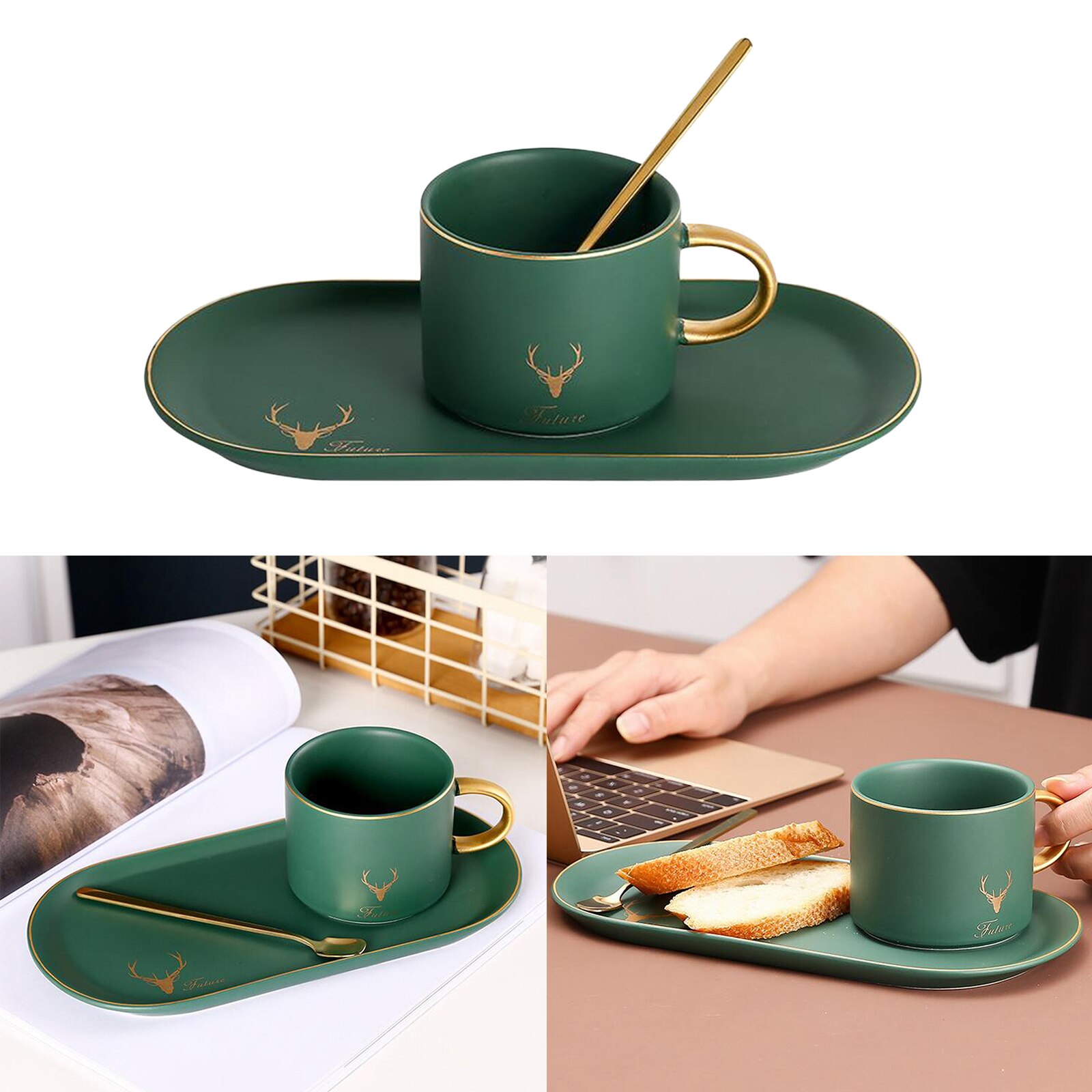Ceramic Tableware Breakfast Coffee Cup Set inlcuding Saucer Tray and Spoon, Nordic Style: Green