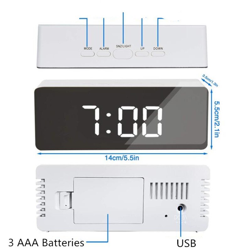 LED Digital Display Table Clock Mirror Alarm Clock Multi-function Smart USB Charging Brightness Adjustable Temperature Display