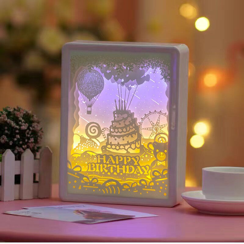 Light Shadow Paper Carving Lamp Room Decoration Items Girl Birthday Finished Diy Production Bedroom Romantic Night Light: happybirthday