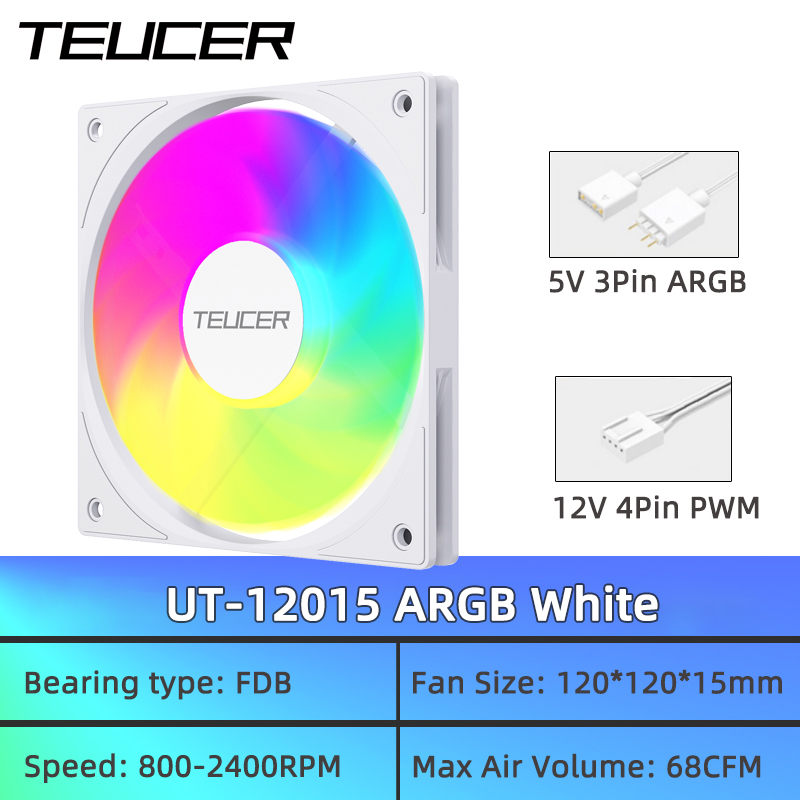 TEUCER UT-12015 PC Case Fan, 120mm ARGB FDB Bearing Thin Cooling Fan for CPU Cooler: WHITE / black