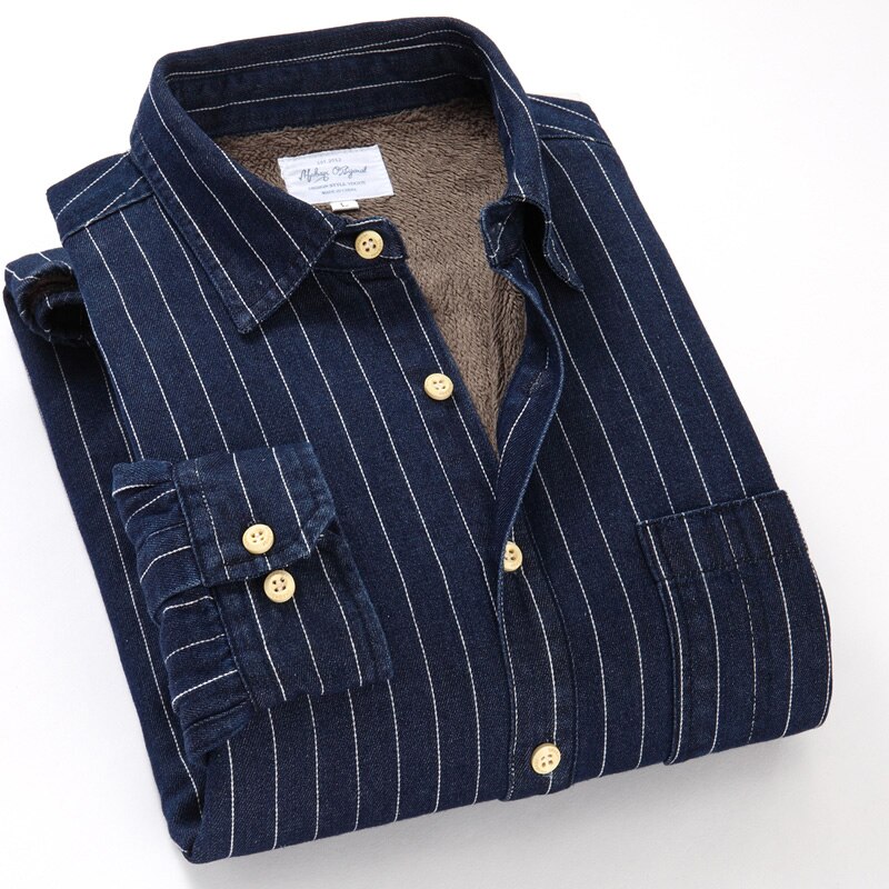Brand Winter Denim Striped Shirt 100% Cotton Long Sleeves Casual Simple Comfortable Warm Bottoming Shirt