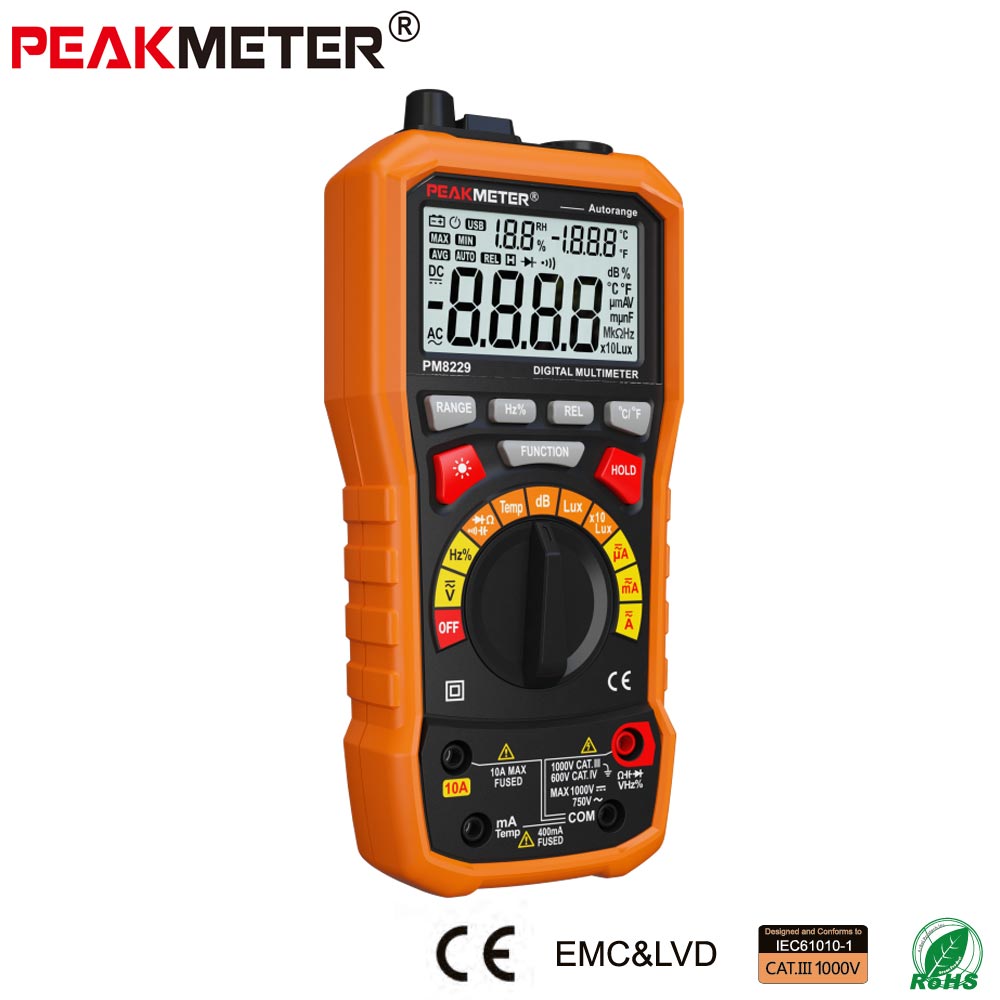 PEAKMETER PM8229 5 in 1 Auto Digital Multimeter With Multi-function Lux Sound Level Frequency Temperature Humidity Tester Meter