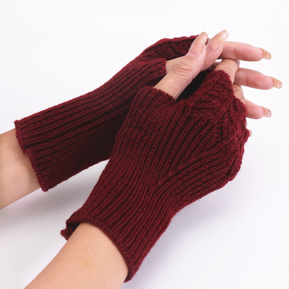 Korean Wool Gloves Autumn Winter Female Student Versatile Knitted Warm Half Finger Open Finger Gloves: Burgundy
