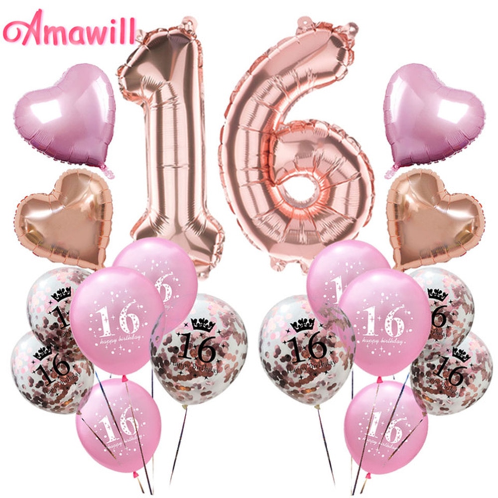 Amawill Sweet 16 Party Decoraties Rose Gold Ballonnen 16th Jaar Oude Gelukkige Verjaardag Gunsten Zestien Verjaardagsfeestje Bal Levert: SET H