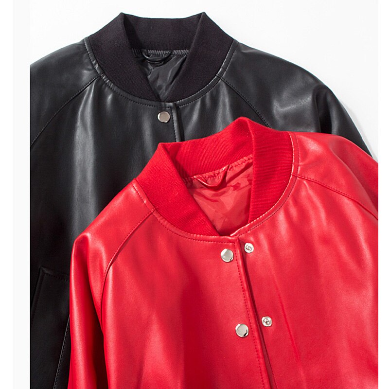 Chaqueta de cuero sintético para mujer, abrigo corto de piel sintética suave, negro y rojo, chaqueta de motorista con cremallera, holgado de talla grande, prendas de vestir, otoño