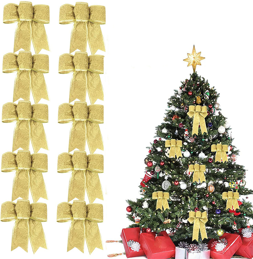 10Pcs Grote Kerstboom Decoratie Bows Glitter Gold Decoratieve Bogen Voor Kerst Home Party Decoratie Jaar Cadeau: Glod