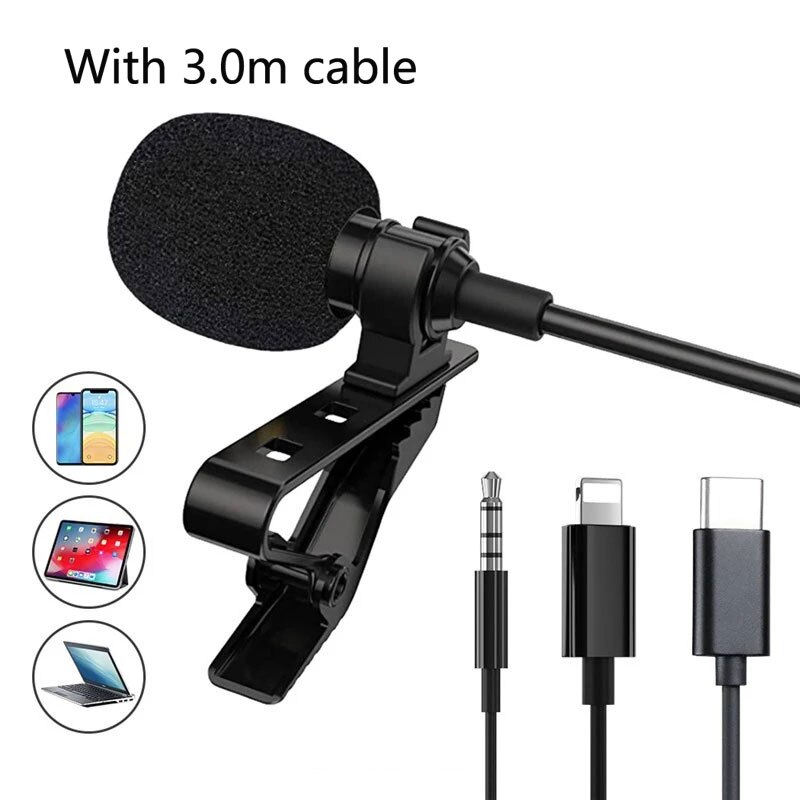 Mini Monitor de micrófono portátil con cable 3m para iPhone Lightning tipo C, 3,5mm, portátil, PC, micrófono de grabación con Clip, auriculares