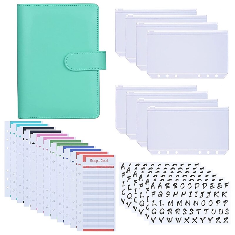 A6 Pu Bindmiddel Case, met A6 Bindmiddel Zakken 12 Kosten Budget Vellen Sticker Labels Voor 26 Categorieën Ring Budget Bindmiddel: Green