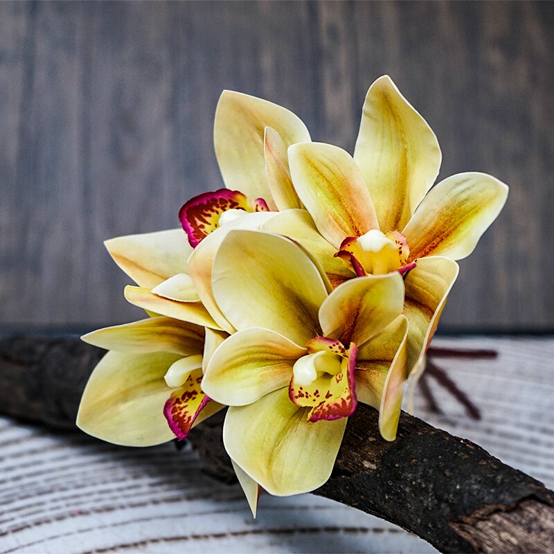 SunMade-ramo de orquídeas blancas de lujo, decoración para el hogar, decoraciones de otoño, Flores Artificiales, bricolaje, 4 Uds./lote: Autumn Yellow