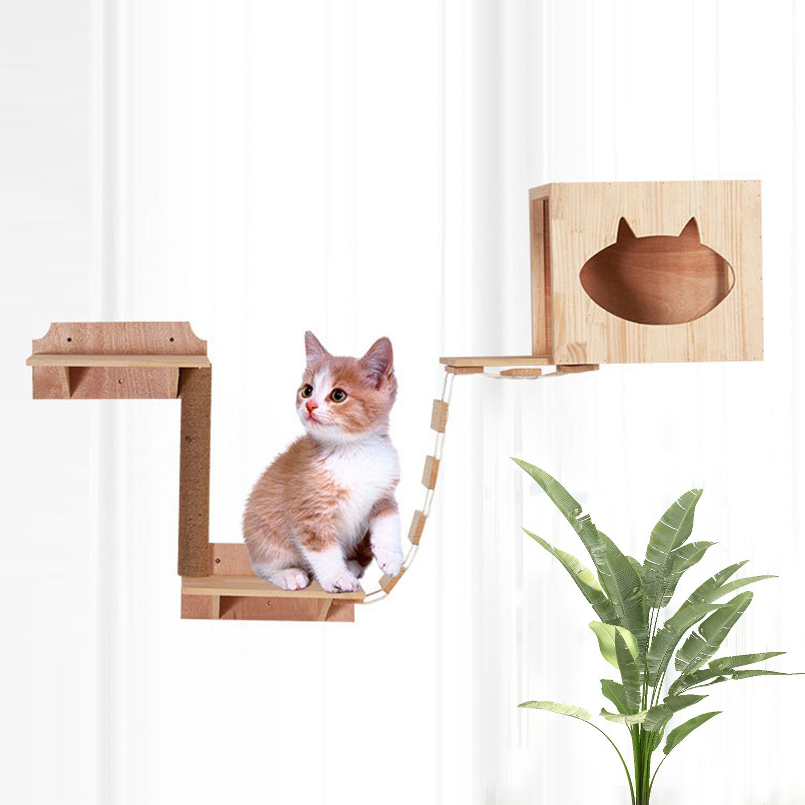 Kattbro klätterställning trä husdjur katt träd hus säng hängmatta sisal skrapstolpe kattmöbler katt leksak väggmonterad