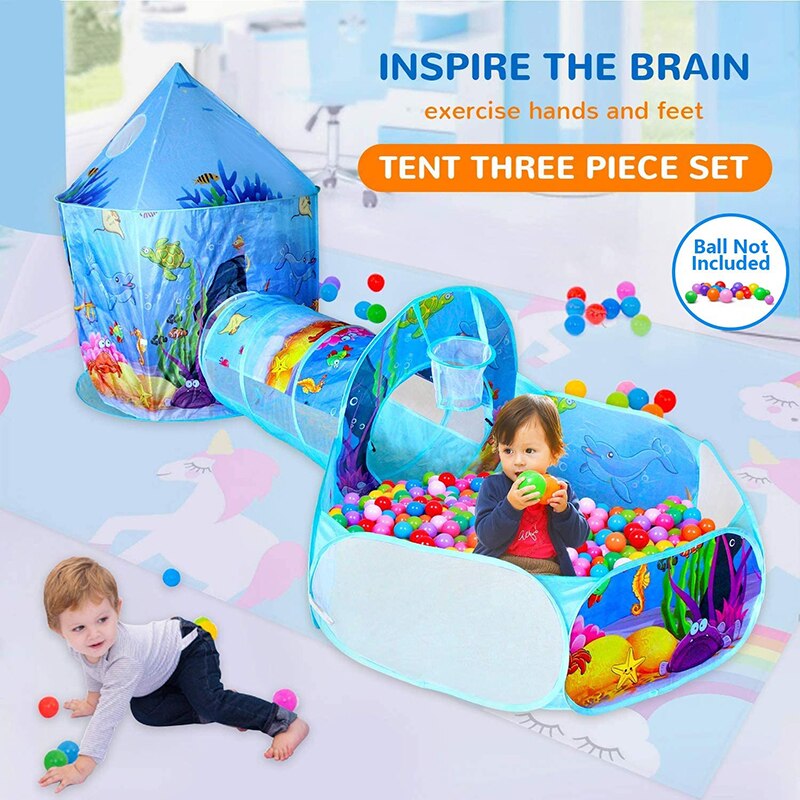 3pc Ocean World Kids gioca tenda 3 In 1 Playhouse Indoor tenda per bambini Tunnel Ball Pit con basket Hoop bambini gioca Castle