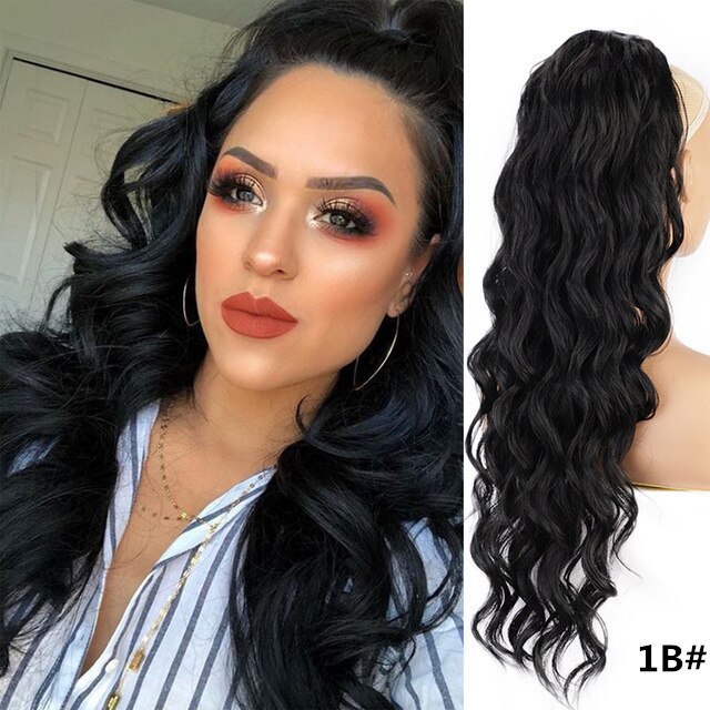 Antoniah Long Wavy Drawstring Ponytail Clip in Ponytail Extensions Black Wrap Around Ponytail Synthetic Hairpiece for Women: 1B