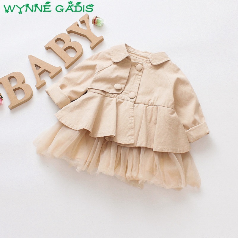 Herfst Baby Meisjes Solid Lange Mouwen Revers Kraag Mesh Prinses Geul Jas Jas Kinderen Kinderen Bovenkleding casaco roupas de bebe: Khaki / 18m