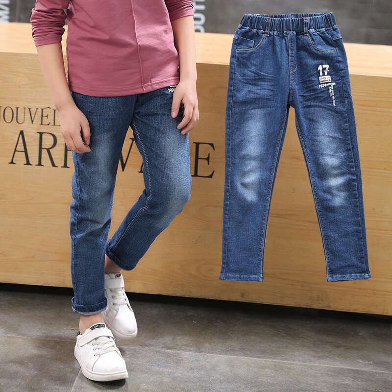 Teenager drenge jeans efterår børn bukser afslappet blå bomuld mid elastisk talje bukser til dreng jeans børn tøj