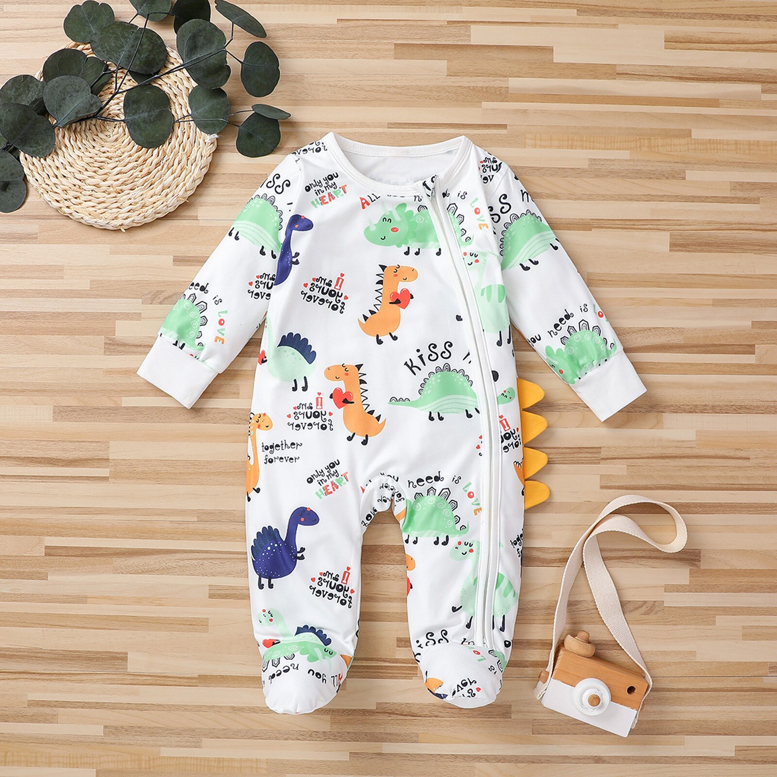 Newborn Infant Baby Boys Girls Dinosaur Zip Romper Jumpsuit + Headbands Outfits