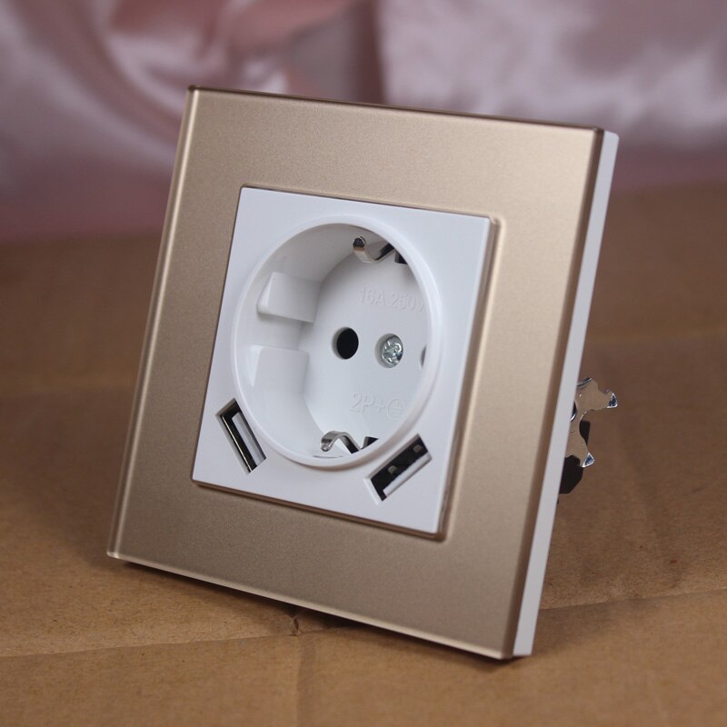 Usb vægstik oplader dobbelt usb port 5v 2a usb vægudtag guld akryl ldg -04