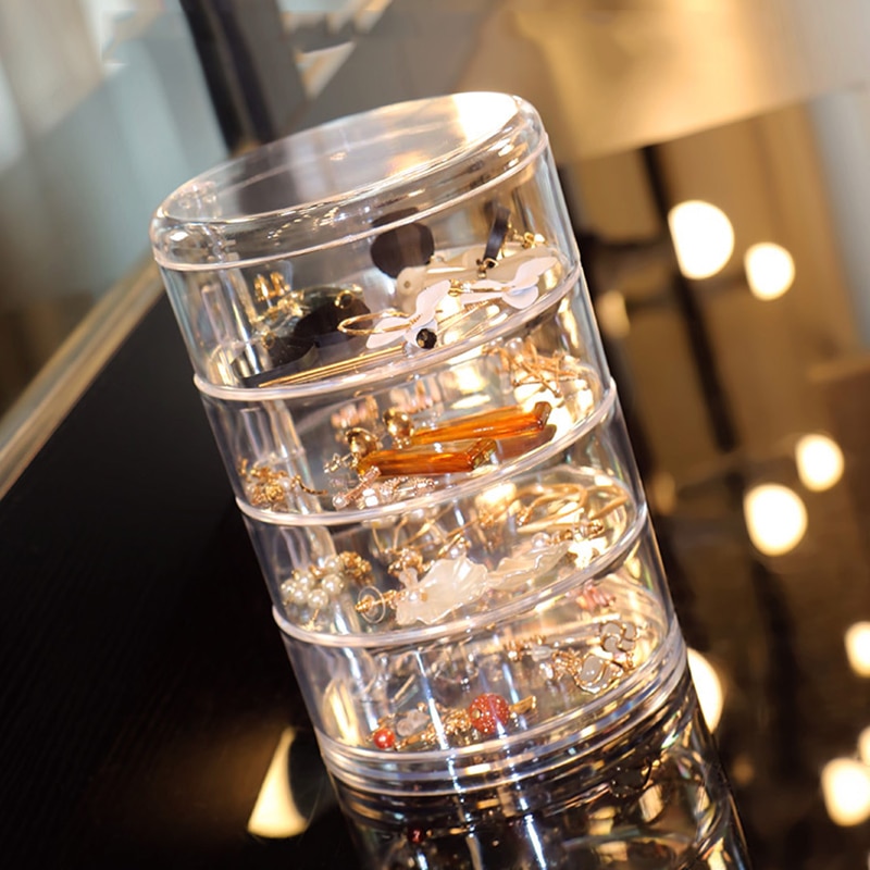 Transparent 360 Degree Rotating Dustproof Jewelry Box Small Multilayer Earring Ring Hairpin Jewelry Display Rack Storage Box