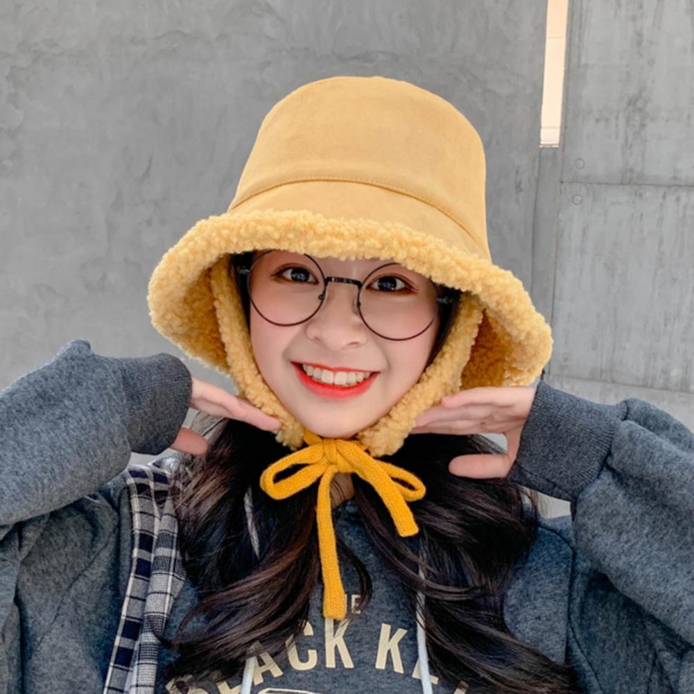 Women Hat Ear Flap Lace Up Bucket Hat Wide Brim Women Solid Color Cashmere Lined Fisherman Cap for Autumn Winter