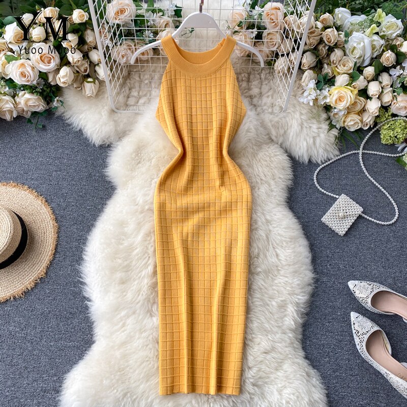 YuooMuoo-robe moulante, à la pour femmes, col licou, en tricot, sans manches, Streetwear, nouveauté pour l'été