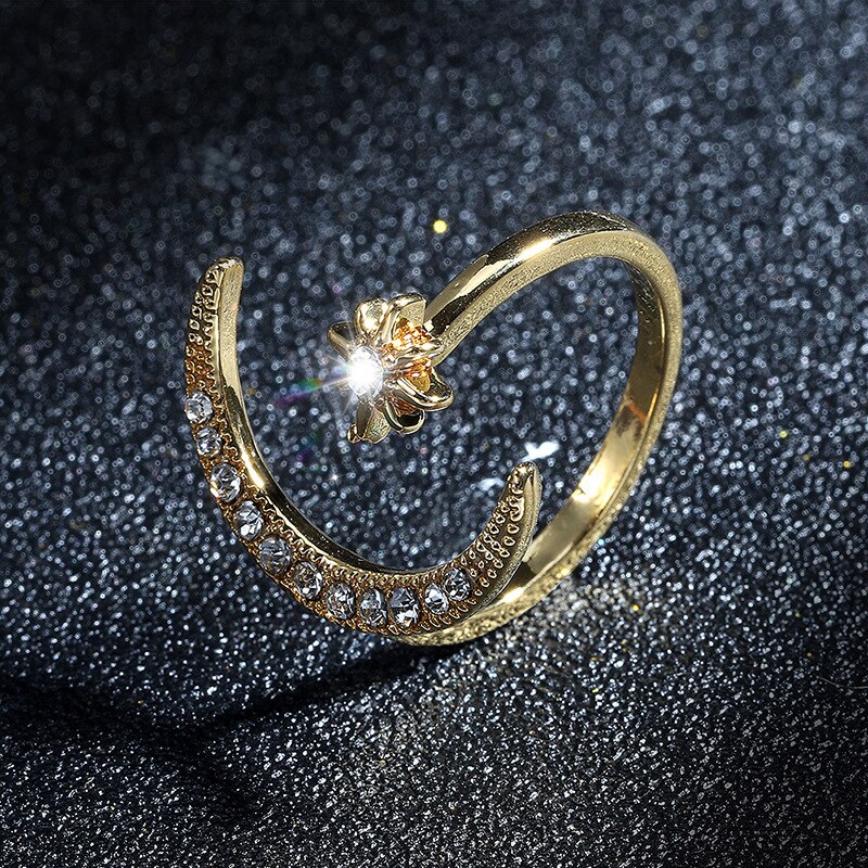 Fingerring sølv farve guld stjerne måne ringe til kvinder bryllupsfest smykker skinne krystal metal blomst åbning anillo: Guld