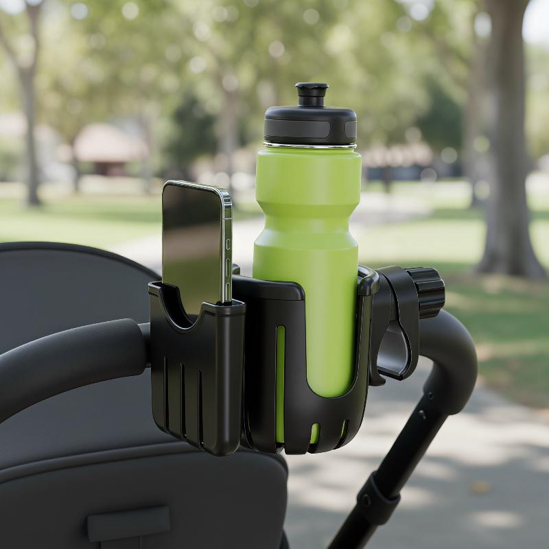2-in-1 fietsaccessoire beker- en telefoonhouder, universeel verstelbaar, geschikt voor kinderwagen, rolstoel, rollator, scooter en fietsgebruik.
