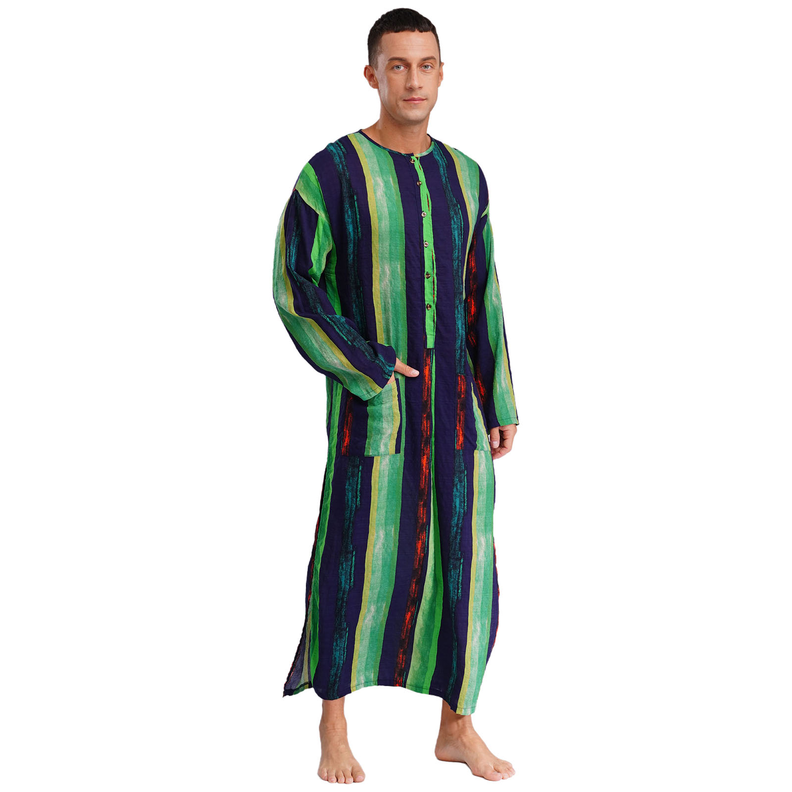Mannen losse jurk Midden-Oosten Islam Moslim Thobe Ronde Hals Lange Mouw Streep Lange Jurk Knoppen Arabische Jubba Thobe Shirt Jurken