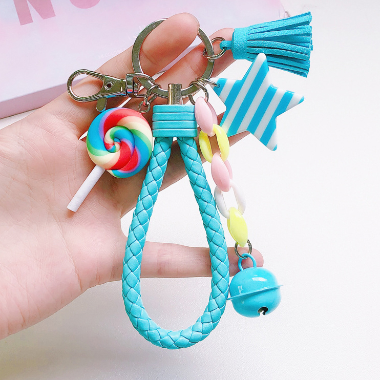 Porte-clés arc-en-ciel mignon, bracelet en cuir, corde tressée, pompon, pour femmes et filles, cloche étoile, sucette, accessoires de sac,: 8 #/24 #