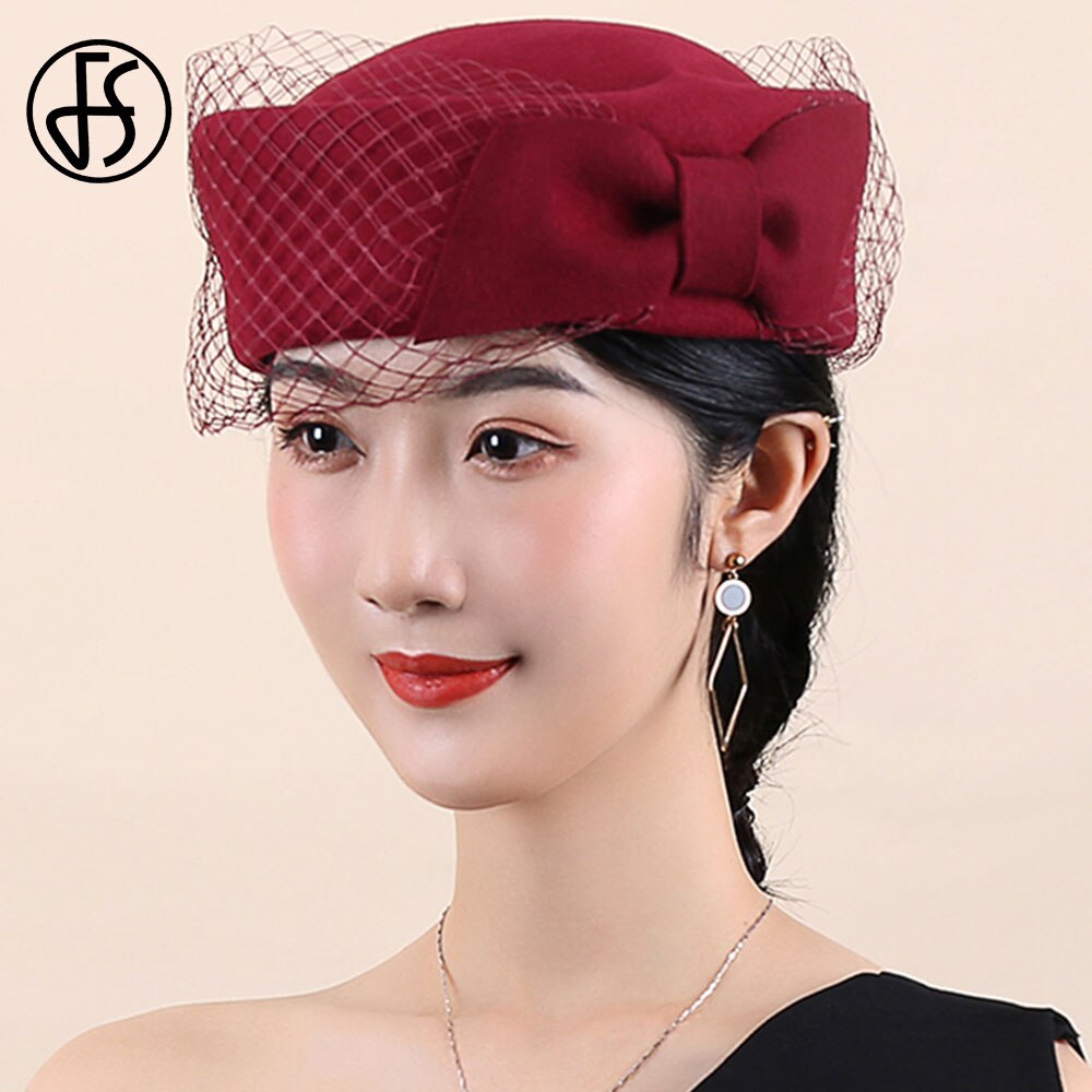 FS British Vintage Bowknot Black Veil Fascinator Hat Women Wool Felt Pillbox Hats Bridal Wedding Party Fedora Church Beret