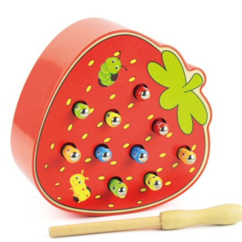 Wooden bug eating fruit magnetic catcher game early childhood teaching aids hand-eye coordination focus toy: Red