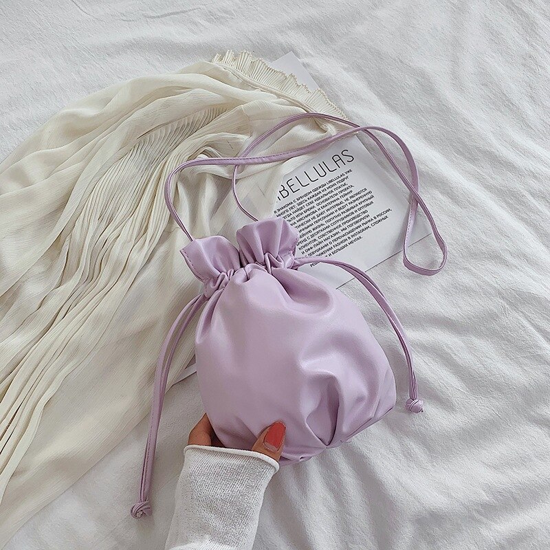 Kleine macaron pu leren bucket bags voor dames zomer casual handtassen snoepkleurige trekkoord messenger crossbody tassen: Paars