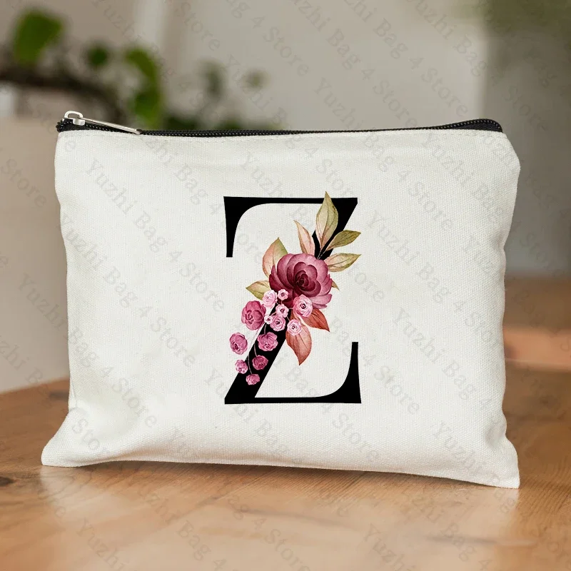 26-Buchstaben-Blumen-machen-hoch-Tasche, bedruckt, Brautjungfer, Hochzeitsgeschenk, Abschlussfeier, Lehrertag, , Aufbewahrungstasche, Reise-Parfüm-Seitentasche: Pflaume