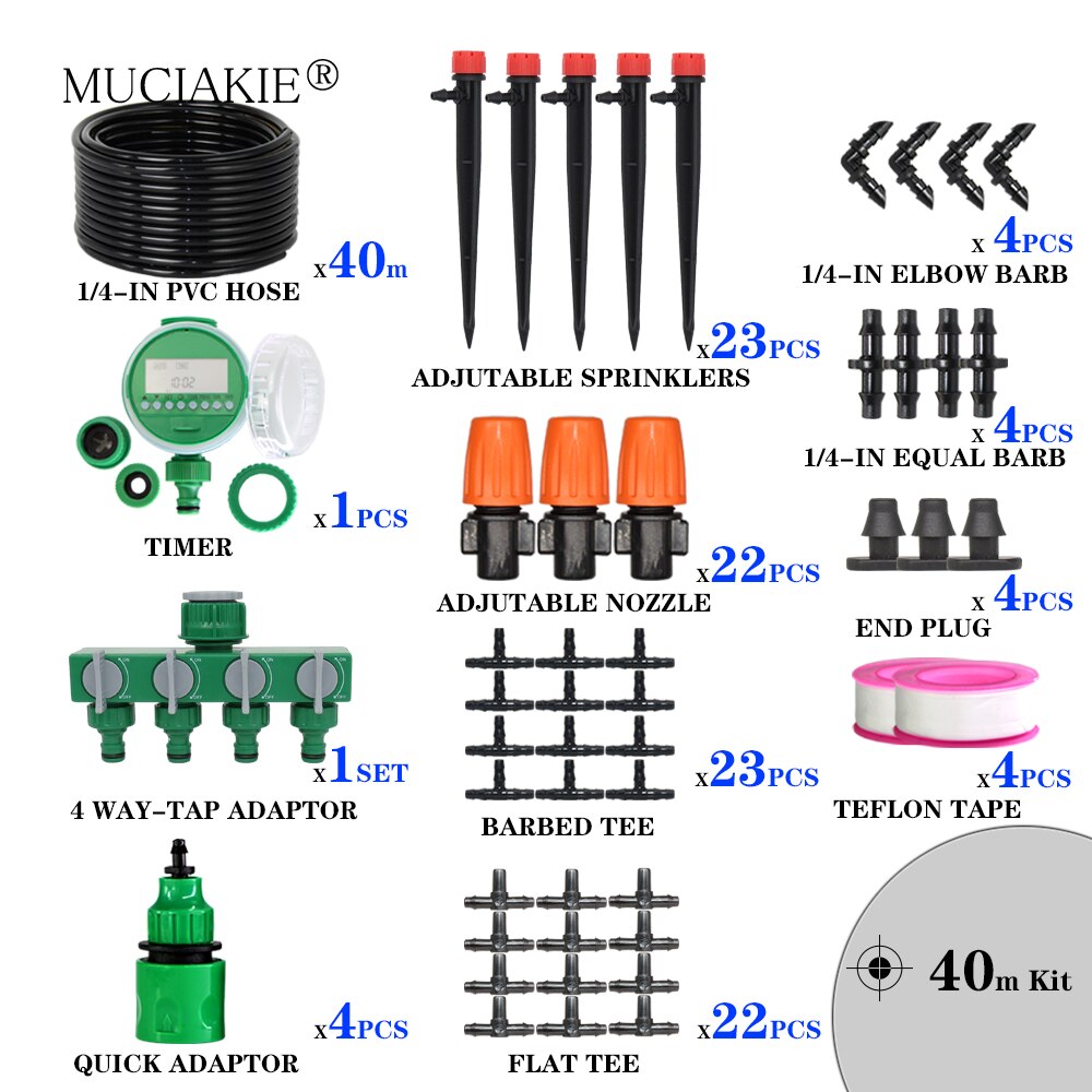 Muciakie garden 1/4 &quot; slange drypvanding automatisk vanding kit tåge spray kølesystem med justerbar drypper controller: 40m 4 l 7 timersæt