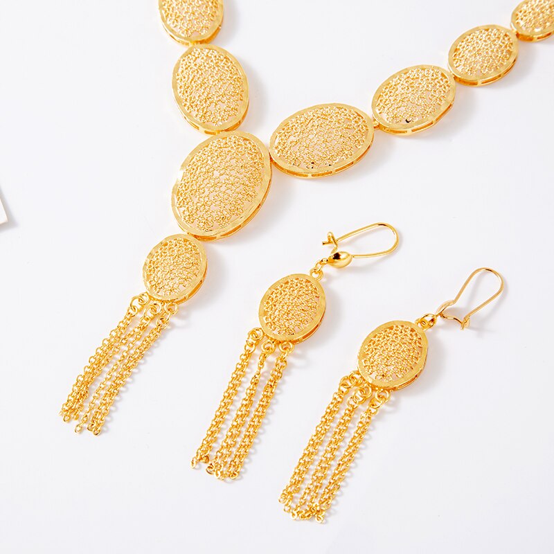 Arabic Dubai Jewelry Set for Women Summer Cooper Earrings Ethiopian African Chain Gold Color Necklace Wedding Bridal