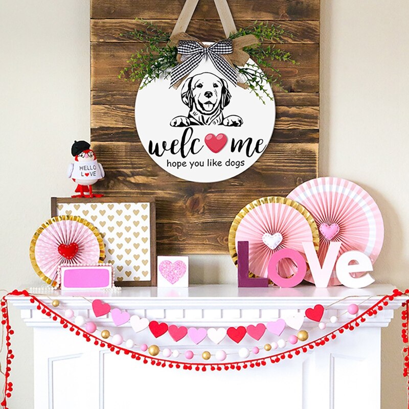 Interchangeable Seasonal Welcome Sign Wood Door Wreath with Bow Pet Wall Hanging Porch Christmas Decoration