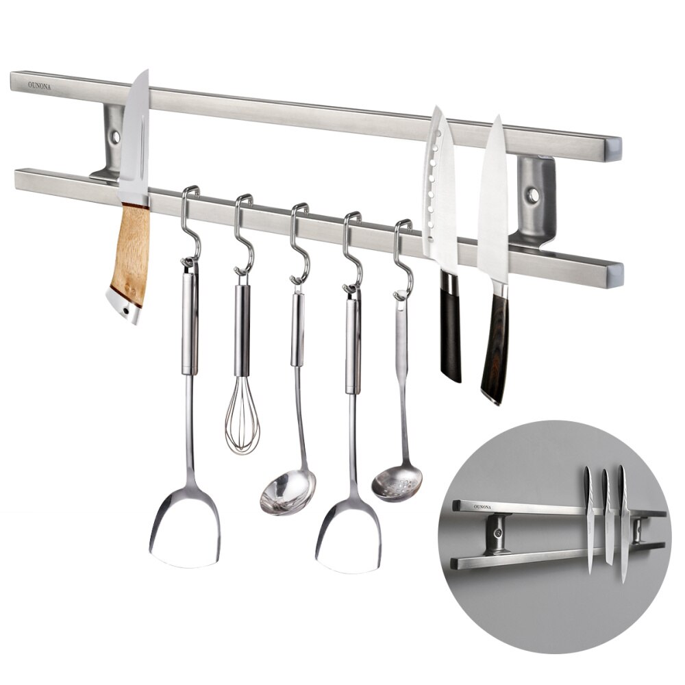 OUNONA Stainless Steel Wall-mounted Double Bar Magnetic Kitchenware Accessories Rack