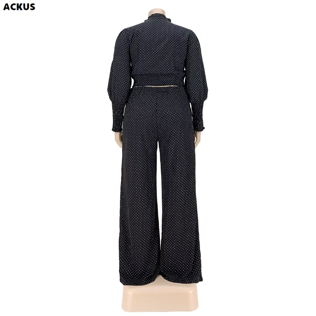ACKUS Plus Größe Punkt frauen einstellen Streetwear Elegante Blusen Spitzen und Breite Bein Gerade Hosen Passenden Zwei 2 Stück einstellen Outfits