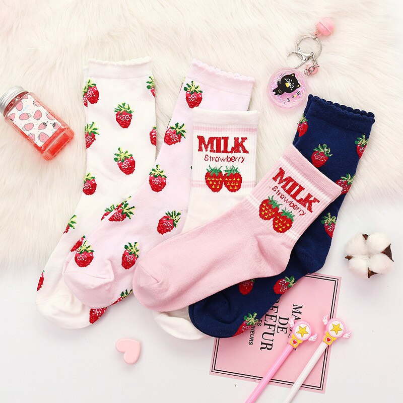 Harajuku kawaii glade kvinder sokker mælk mad maleri jordbær dyreprint sjove sokker sød sok