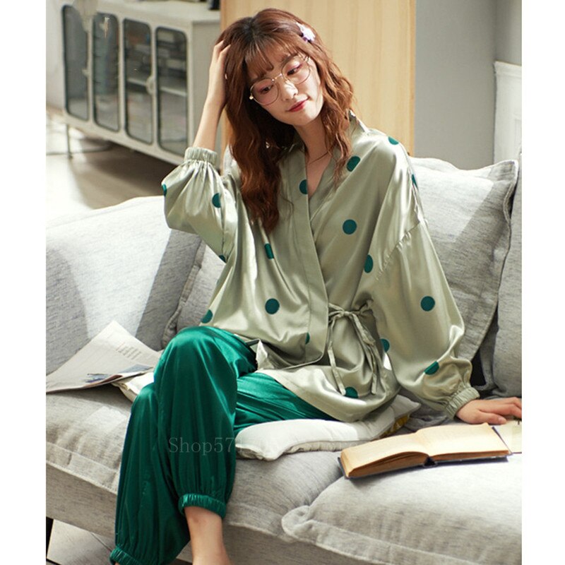 Sommer japansk stil elastisk kimono top bukser sæt kvinder piger satin silke print bomuld yukata langærmet traditionel pyjamas: Farve 1 / M