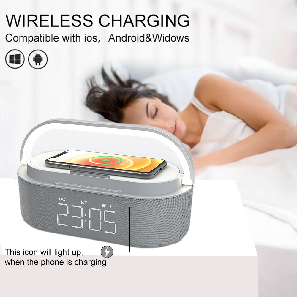 Wireless Charger Alarm Clock Bluetooth Speaker LED Smart Digital Clock USB Fast Charger Table Electronic Desktop Clock Fm Radio