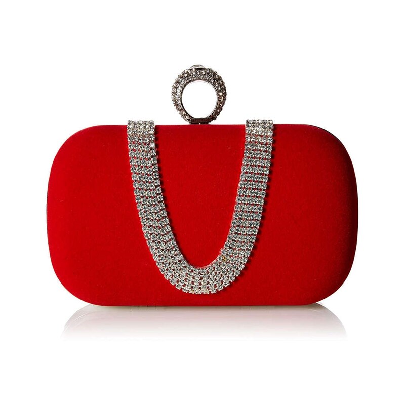 2x suède fluwelen avondclutch met strass-steentjes en één ring (rood en zwart)