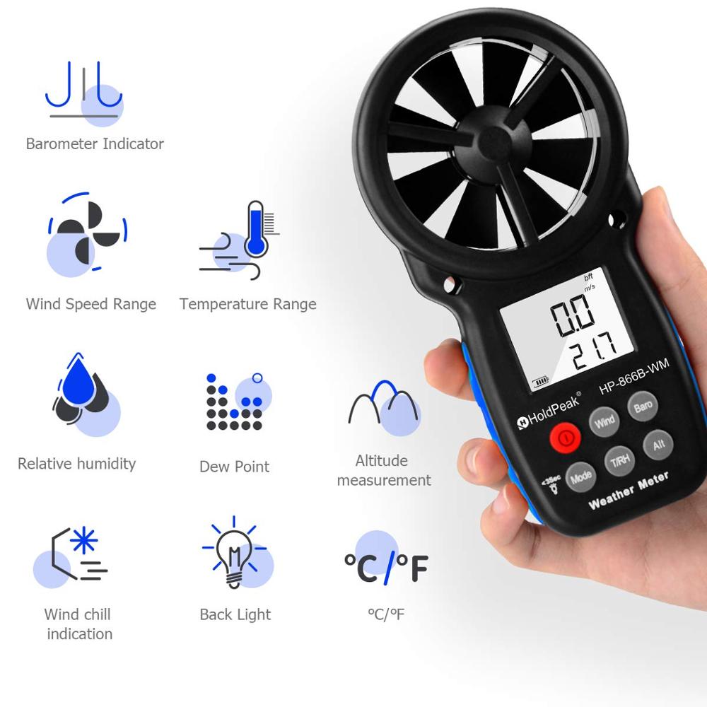 Digital Anemometer 866B-WM Handheld Wind Speed Meter with Back Light LCD Screen for Measuring Wind Speed Temperature humidity